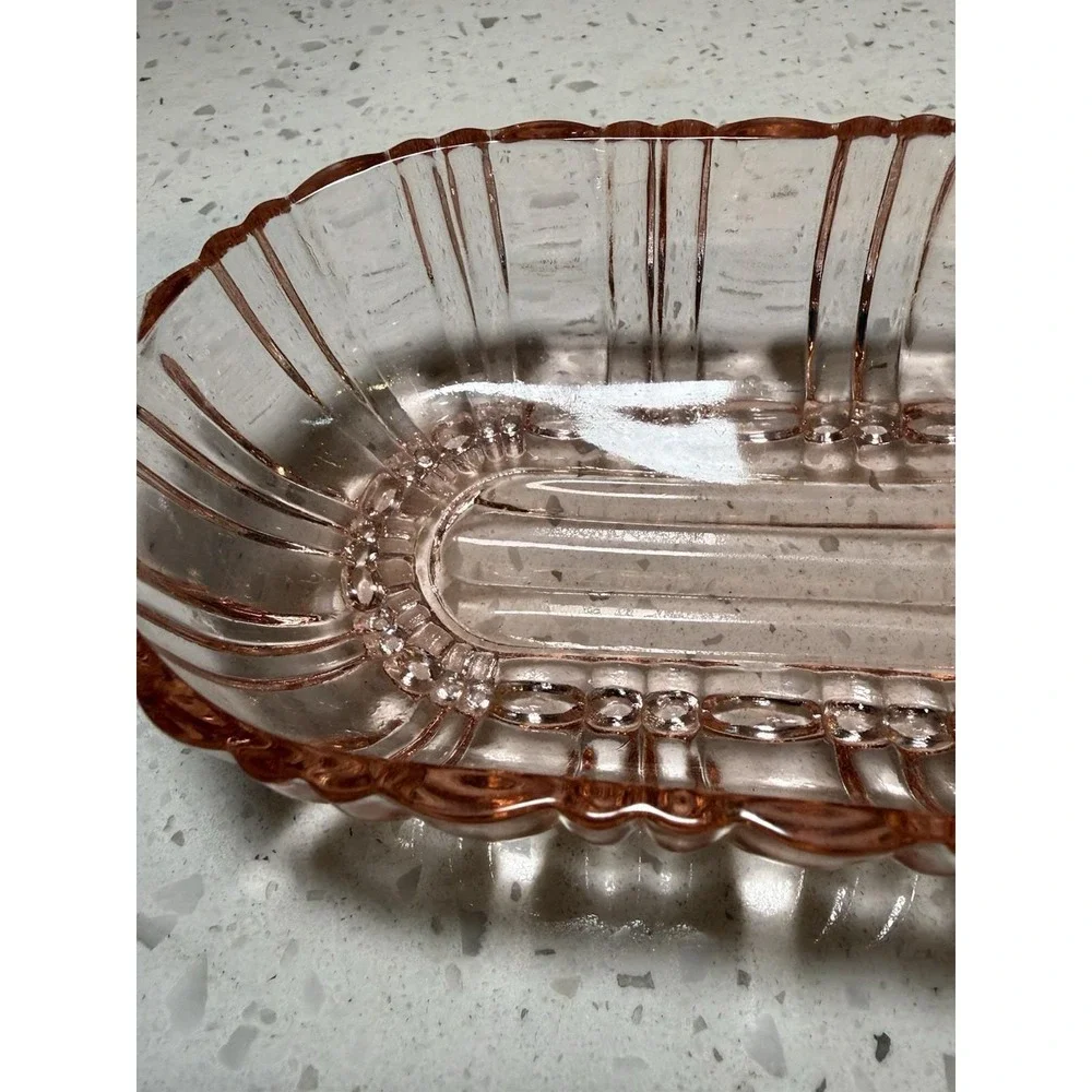 Anchor Hocking Old Cafe Pink Oblong Relish Sauce Olive Dish Depression Glass
